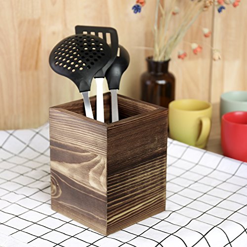 MyGift Rustic Brown Solid Wood Kitchen Countertop Utensil Holder, Cooking Utensil Crock and Flatware Storage Caddy