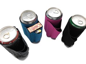 beer can chuggie with two pockets, holds phone, keys and accessories, 3mm thick neoprene (assorted, 4 pack)