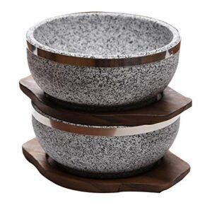 KoreArtStory Dolsot-Bibimbap Stone Bowls 32-Oz(Set of 2 + Wood base 1 More + Bibimbap Recipe) Cooking Korean Soup and Food