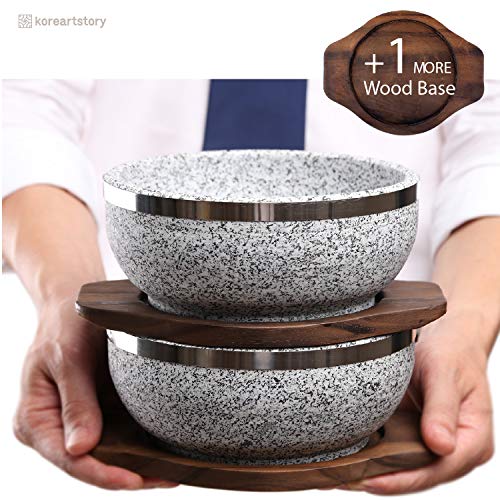 KoreArtStory Dolsot-Bibimbap Stone Bowls 32-Oz(Set of 2 + Wood base 1 More + Bibimbap Recipe) Cooking Korean Soup and Food