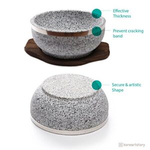 KoreArtStory Dolsot-Bibimbap Stone Bowls 32-Oz(Set of 2 + Wood base 1 More + Bibimbap Recipe) Cooking Korean Soup and Food