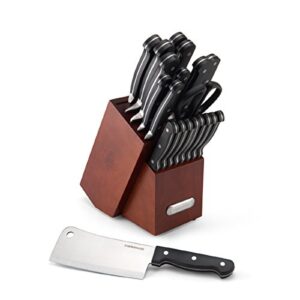 farberware forged triple rivet kitchen knife block set with built-in knife sharpener, 21-piece set, high-carbon stainless steel knife set includes meat cleaver, carving fork and 8 steak knives, cherry