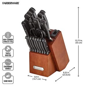 Farberware Forged Triple Rivet Kitchen Knife Block Set with Built-In Knife Sharpener, 21-Piece Set, High-Carbon Stainless Steel Knife Set Includes Meat Cleaver, Carving Fork and 8 Steak Knives, Cherry