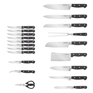 Farberware Forged Triple Rivet Kitchen Knife Block Set with Built-In Knife Sharpener, 21-Piece Set, High-Carbon Stainless Steel Knife Set Includes Meat Cleaver, Carving Fork and 8 Steak Knives, Cherry