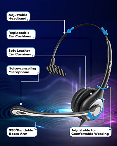 Wantek Corded Telephone RJ9 Headset Monaural with Noise Canceling Microphone for Call Center Telephone Systems with Plantronics M10 M12 M22 MX10 Amplifiers or Cisco 7942 7971 Office IP Phones(F600C1)