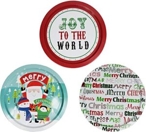 set of 3 holiday christmas12" round serving tin trays- santa, penguin, & snowman