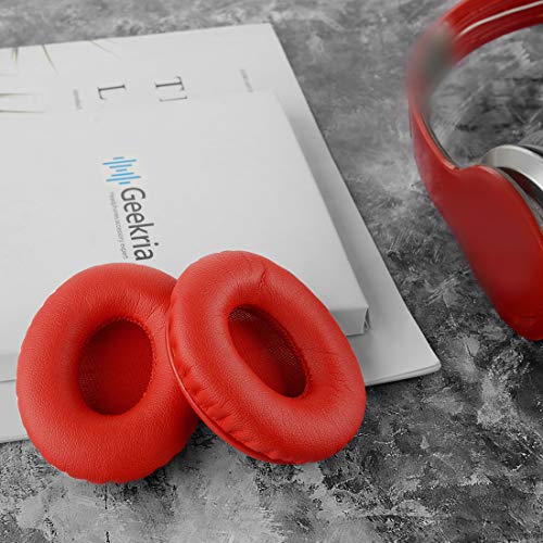 Geekria QuickFit Protein Leather Replacement Ear Pads for Beats SoloHD (810-00012-00) On-Ear Headphones Earpads, Headset Ear Cushion Repair Parts (Red)