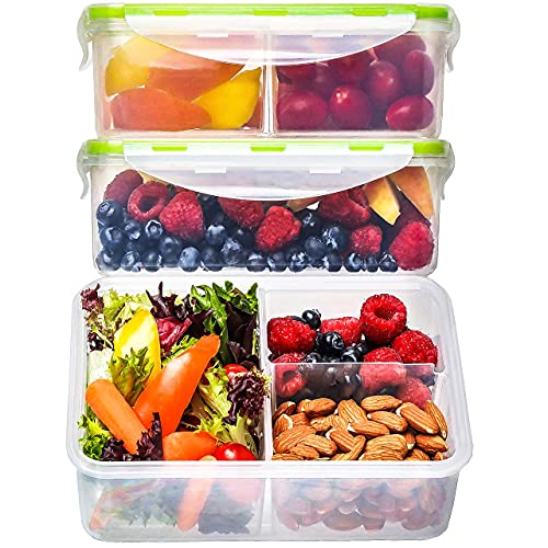 Bento Box Lunch Box Meal Prep Containers with Lids - Lunch Containers for Adults & Kids - Microwave, Freezer, & Dishwasher Safe, Leakproof Reusable Food Prep Containers, 3 Compartments (39 oz, 3 Pack)