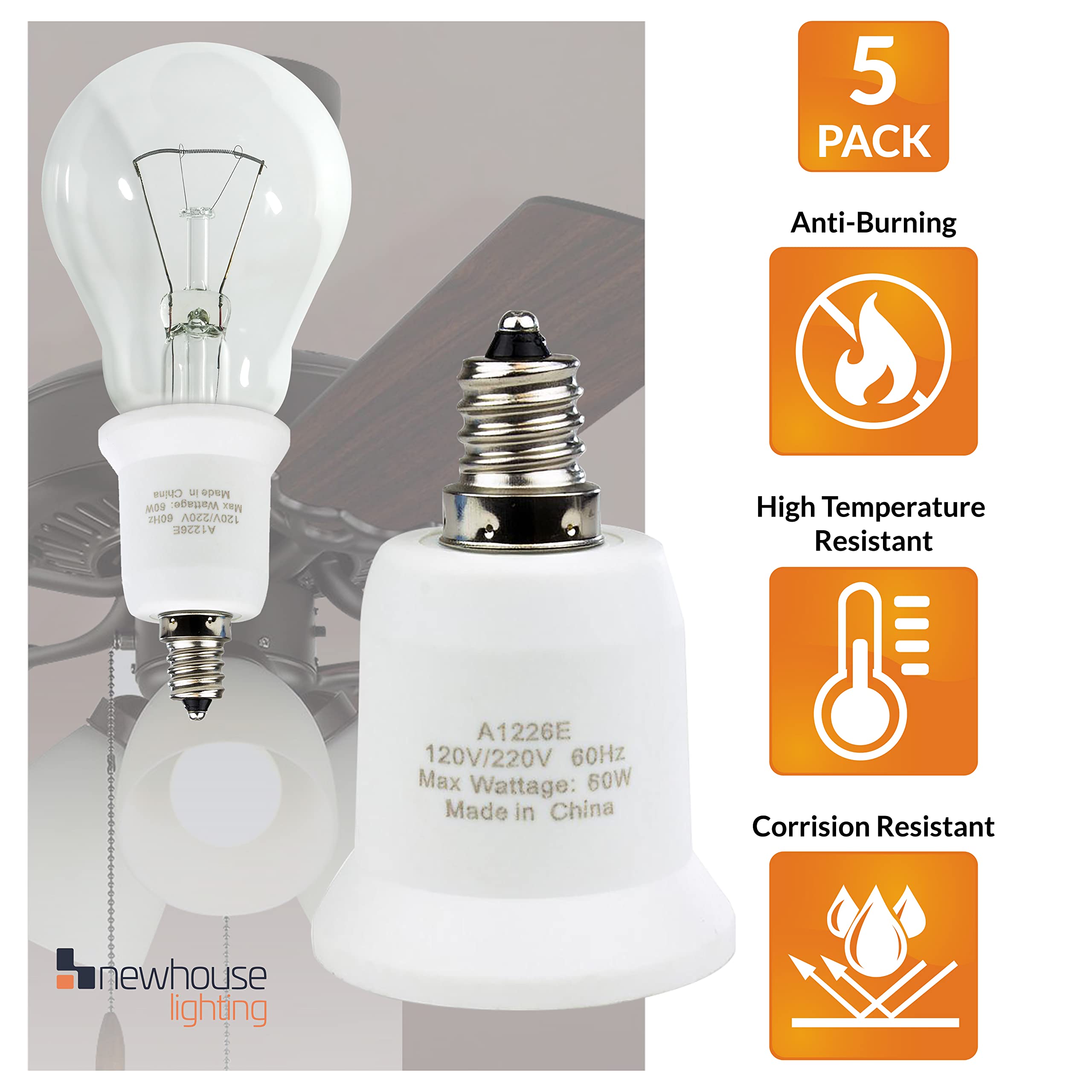 Newhouse Lighting Candelabra to Standard Light Bulb Socket Adapter, 5-Pack - A1226E-5, White