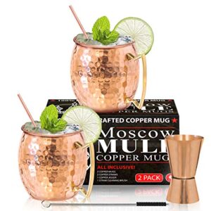 benicci moscow mule copper mugs - set of 2-100% handcrafted - food safe pure solid copper mugs - 16 oz gift set with bonus - premium quality cocktail copper straws, straw cleaning brush and jigger!