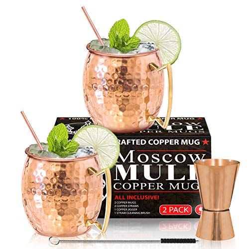 Benicci Moscow Mule Copper Mugs - Set of 2-100% HANDCRAFTED - Food Safe Pure Solid Copper Mugs - 16 oz Gift Set with BONUS - Premium Quality Cocktail Copper Straws, Straw Cleaning Brush and Jigger!