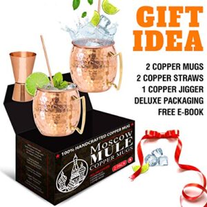 Benicci Moscow Mule Copper Mugs - Set of 2-100% HANDCRAFTED - Food Safe Pure Solid Copper Mugs - 16 oz Gift Set with BONUS - Premium Quality Cocktail Copper Straws, Straw Cleaning Brush and Jigger!