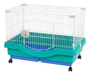 iris usa large portable wire rabbit cage with top access and two tray division, easy access secure lock and easy to clean movable house for small sized animals rabbit guinea pigs rat hamster, green