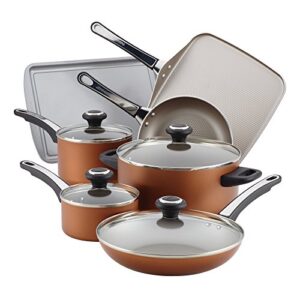 farberware high performance nonstick cookware pots and pans set dishwasher safe, 17 piece, copper