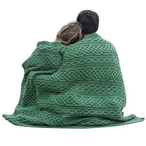 Carraig Donn Irish Cable Knit Blanket Celtic Aran Throw - 100% Merino Wool Made in Ireland - 40"x 55" (102 x 140 cm)(Kiwi/Connemara Green)