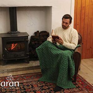 Carraig Donn Irish Cable Knit Blanket Celtic Aran Throw - 100% Merino Wool Made in Ireland - 40"x 55" (102 x 140 cm)(Kiwi/Connemara Green)