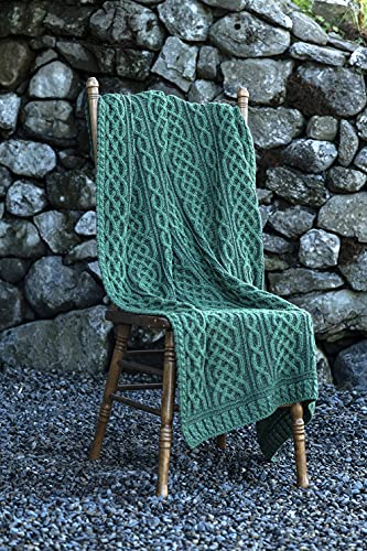 Carraig Donn Irish Cable Knit Blanket Celtic Aran Throw - 100% Merino Wool Made in Ireland - 40"x 55" (102 x 140 cm)(Kiwi/Connemara Green)