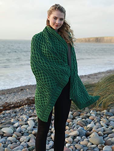 Carraig Donn Irish Cable Knit Blanket Celtic Aran Throw - 100% Merino Wool Made in Ireland - 40"x 55" (102 x 140 cm)(Kiwi/Connemara Green)