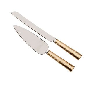 gold hammered handel knife and server set
