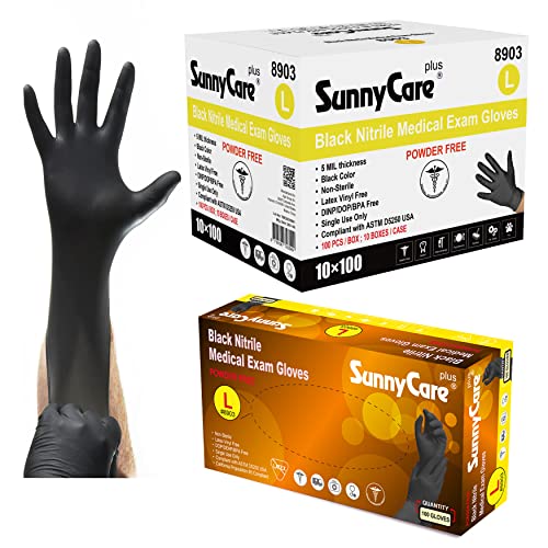 5.0 Mil Sunnycare #8903 Black Nitrile Medical Exam Gloves Powder Free Size: Large 1000pcs/case ;100pcs/box;10boxes/case