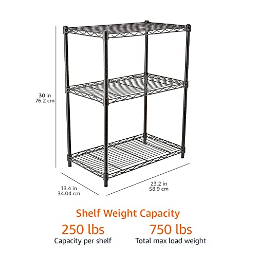 Amazon Basics 3-Shelf Adjustable, Heavy Duty Storage Shelving Unit (250 lbs loading capacity per shelf), Steel Organizer Wire Rack, Black, 23.2"L x 13.4"W x 30"H