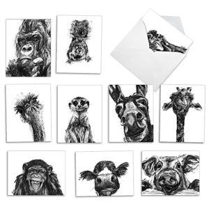 the best card company - 10 assorted blank all occasions notecards boxed set 4 x 5.12 inch with envelopes (10 designs, 1 each) boxed assorted kid cards of pets - charcoal animals m2956ocb