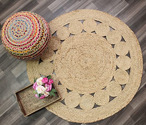 COTTON CRAFT Jute Braided Area Rug - Boho Farmhouse Rustic Vintage Area Accent Throw Rug - Handwoven Reversible Natural - Living Room Den Study Home Décor Gift - 4 Feet Round - Natural