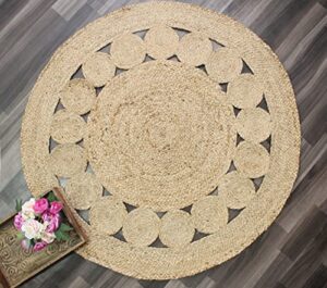 cotton craft jute braided area rug - boho farmhouse rustic vintage area accent throw rug - handwoven reversible natural - living room den study home décor gift - 4 feet round - natural