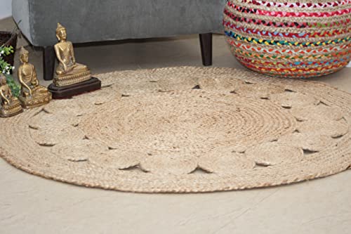 COTTON CRAFT Jute Braided Area Rug - Boho Farmhouse Rustic Vintage Area Accent Throw Rug - Handwoven Reversible Natural - Living Room Den Study Home Décor Gift - 4 Feet Round - Natural