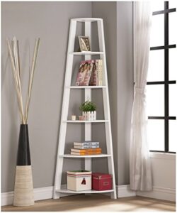 raamzo white finish wood wall corner 5-tier bookshelf bookcase accent etagere
