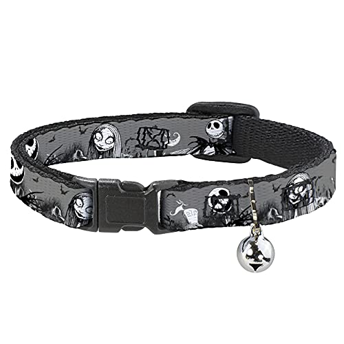 Buckle-Down Breakaway Cat Collar - NBC Jack & Sally Cemetery Scene Gray/Black/White - 1/2" Wide - Fits 8-12" Neck - Medium