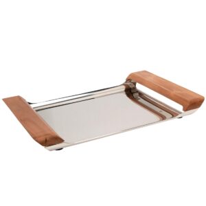 savora avenue stainless steel bar tray with acacia handles, 11" x 14", silver