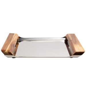 Savora Avenue Stainless Steel Bar Tray with Acacia Handles, 11" x 14", Silver