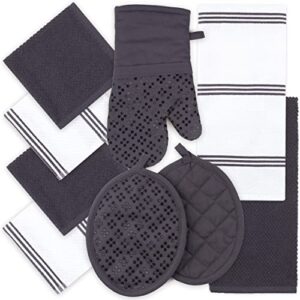 kitchen towels dishcloths oven mitts and pot holders set of 9, oeko-tex 100% cotton terry dish towels & dish cloths, non-slip silicone, gray
