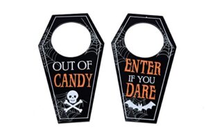 kovot halloween door hangers set - (2) coffin shaped knob hangers: "enter if you dare" and "out of candy"
