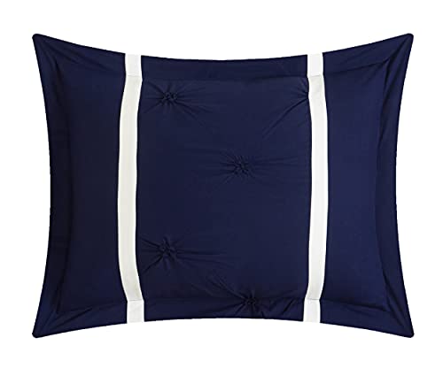 Chic Home Marcia 4 Piece Comforter Set Printed Pinch Pleated Ruffled and Reversible Geometric Design with Decorative Pillow and Sham, Full/Queen, Navy