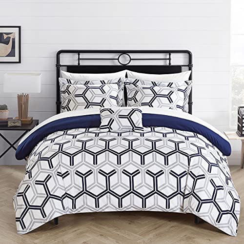 Chic Home Marcia 4 Piece Comforter Set Printed Pinch Pleated Ruffled and Reversible Geometric Design with Decorative Pillow and Sham, Full/Queen, Navy