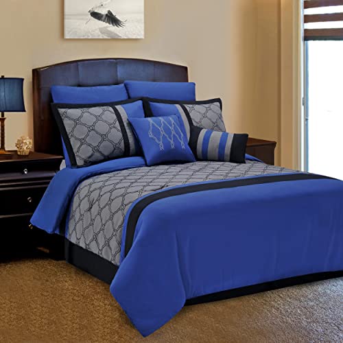 SUPERIOR Maxfield 8 Piece Embroidered Comforter Set, Queen, Blue