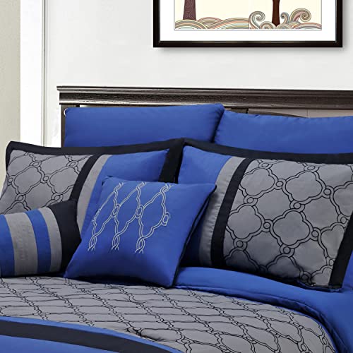 SUPERIOR Maxfield 8 Piece Embroidered Comforter Set, Queen, Blue