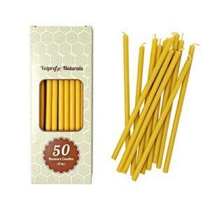 50 natural 100% pure raw beeswax taper candles ( 6") natural honey scent birthday cake, dripless, smokeless, nontoxic, natural cotton wick
