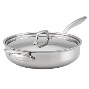 breville clad stainless steel saute pan / frying pan / fry pan with lid and helper handle - 5 quart, silver