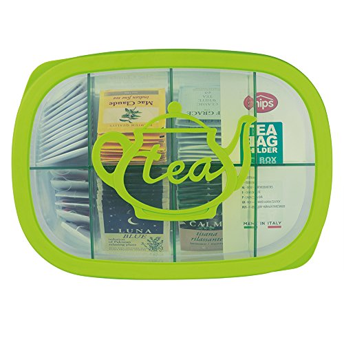 Snips, Green Tea Bag Airtight Storage Box with Removable Dividers, 11.22" x 8.07" x 1.77"