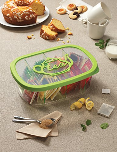 Snips, Green Tea Bag Airtight Storage Box with Removable Dividers, 11.22" x 8.07" x 1.77"