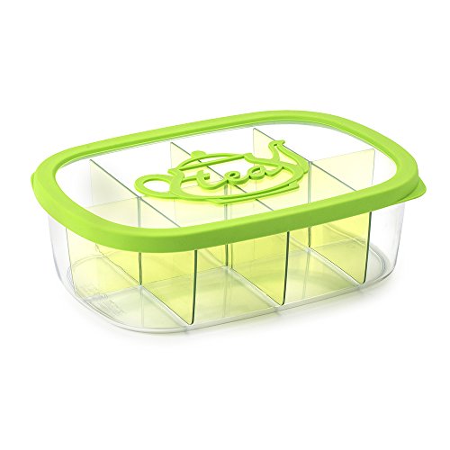 Snips, Green Tea Bag Airtight Storage Box with Removable Dividers, 11.22" x 8.07" x 1.77"