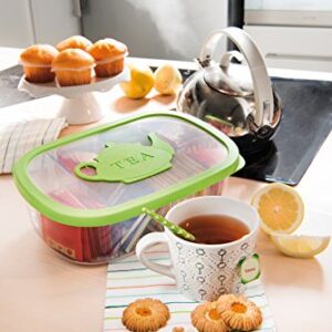 Snips, Green Tea Bag Airtight Storage Box with Removable Dividers, 11.22" x 8.07" x 1.77"