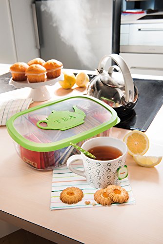 Snips, Green Tea Bag Airtight Storage Box with Removable Dividers, 11.22" x 8.07" x 1.77"