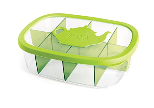 Snips, Green Tea Bag Airtight Storage Box with Removable Dividers, 11.22" x 8.07" x 1.77"