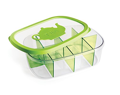 Snips, Green Tea Bag Airtight Storage Box with Removable Dividers, 11.22" x 8.07" x 1.77"