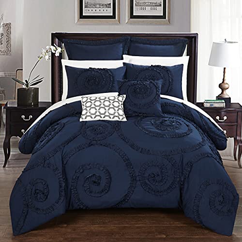 Chic Home CS2213-AN 7 Piece Rosalia Floral Ruffled Etched Embroidery Comforter Set, King, Navy