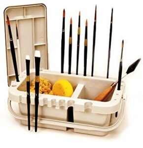 portable paint brush caddy and holder with storage lid and water troughs 10.5 inches gray plastic